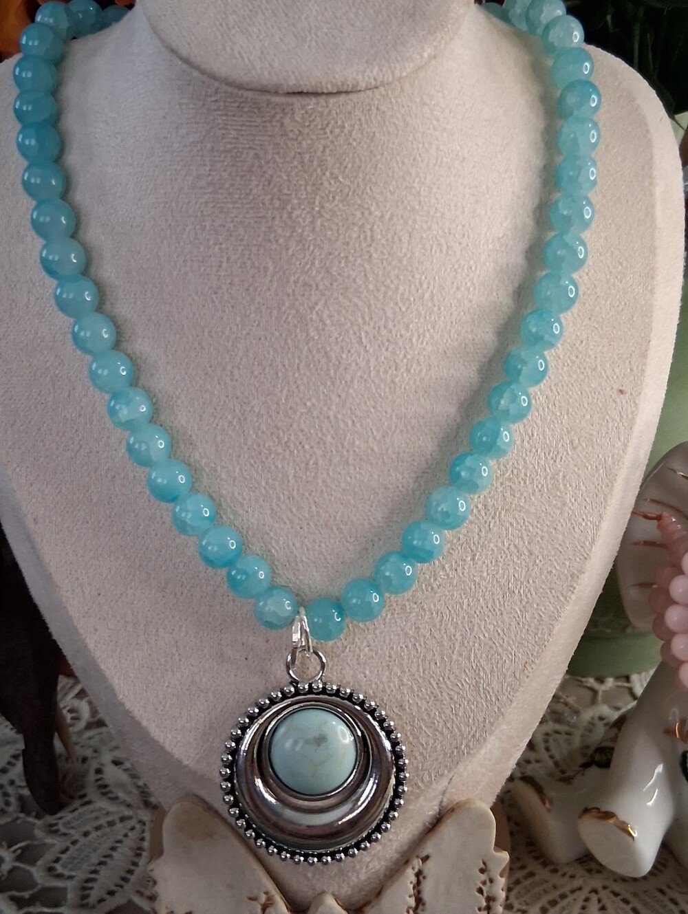 Aqua Beaded Pendant Necklace - Brand Not Visible